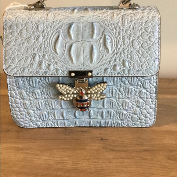 Movdari Holo Blue Crocodile Embossed Satchel Crossbody Handbag, Bee, Pearl, NWOT - Picture 8 of 11
